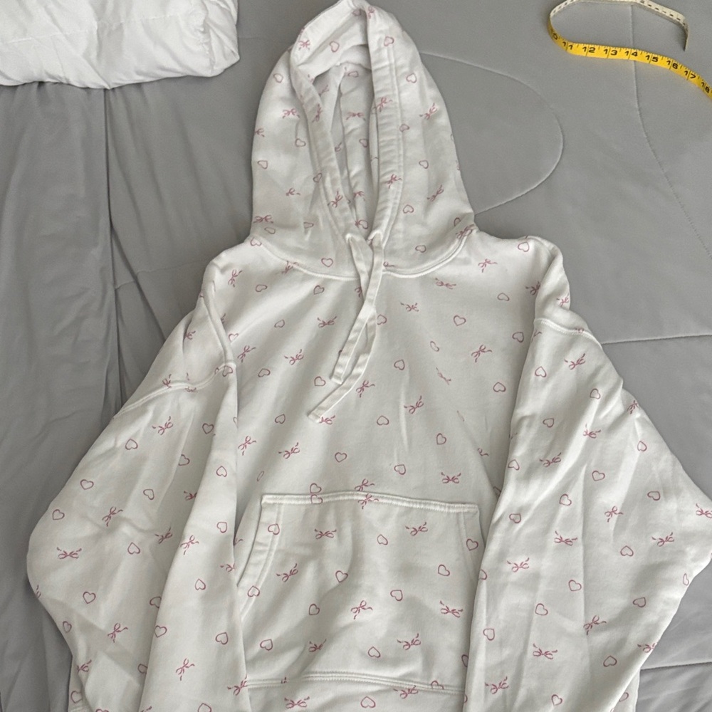 Hollister White Hoodie with Pink Heart and Bow Print